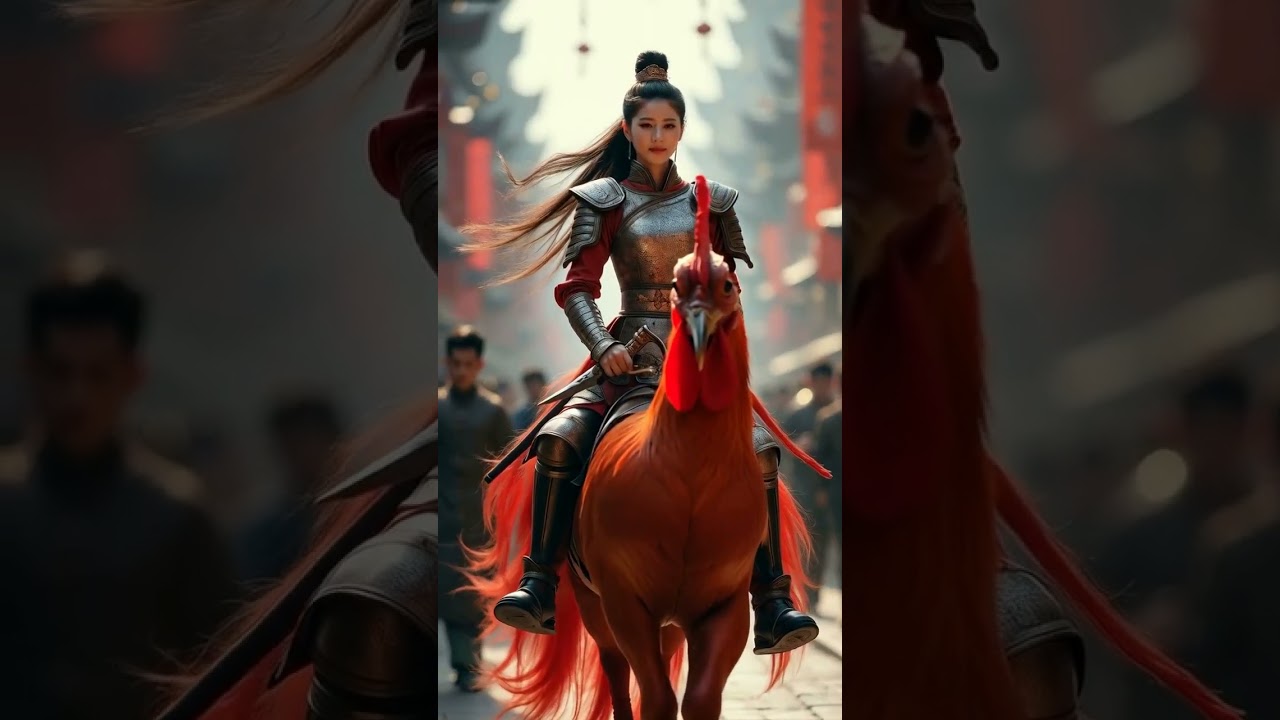 The female general mounts a large rooster and progresses along the street. #machine